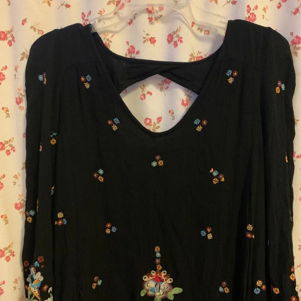 FREE PEOPLE Sz Small Oxford Embroidered Mini Dress Casual‎ Long Sleeves Boho